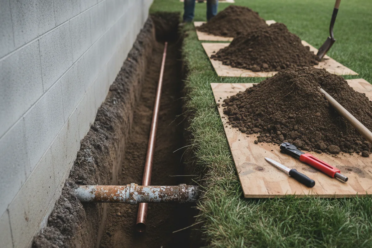 Excavated water line trench during Water Heater Repair in Brunswick